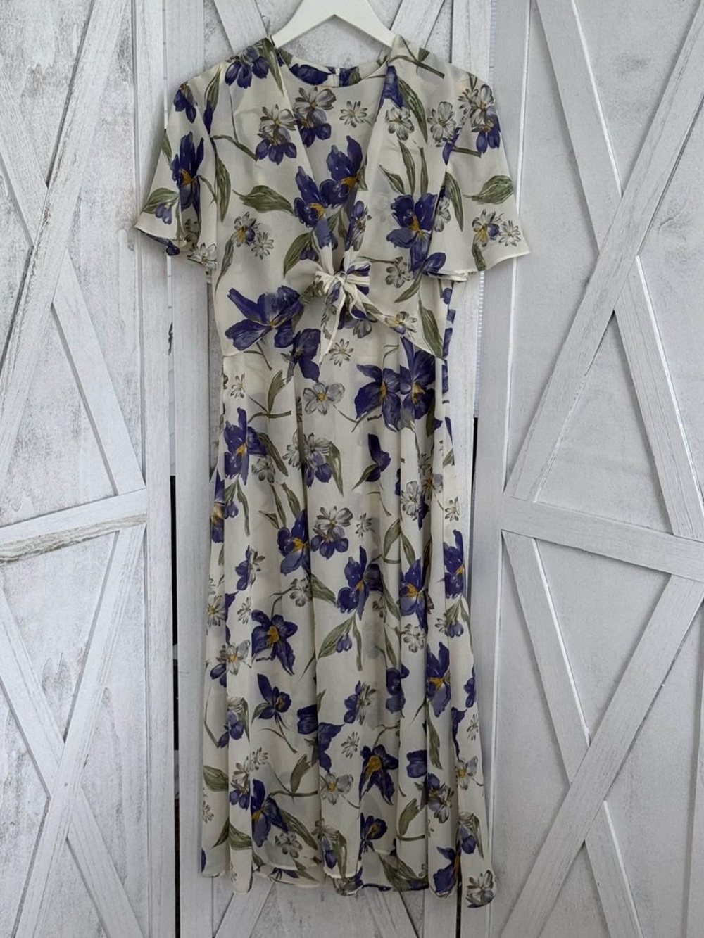 Vintage 80s Kristy Michaels Cream Maxi Dress with Purple Floral Print